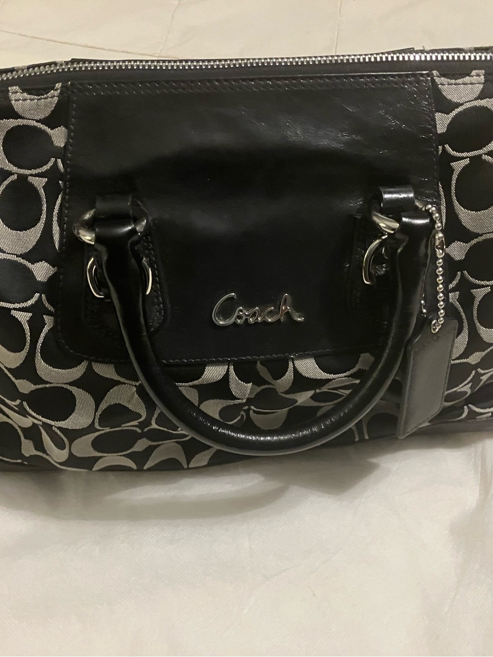 Coach Signature Satchel Purse Black Gray Jacquard Patent Leather Y2K
